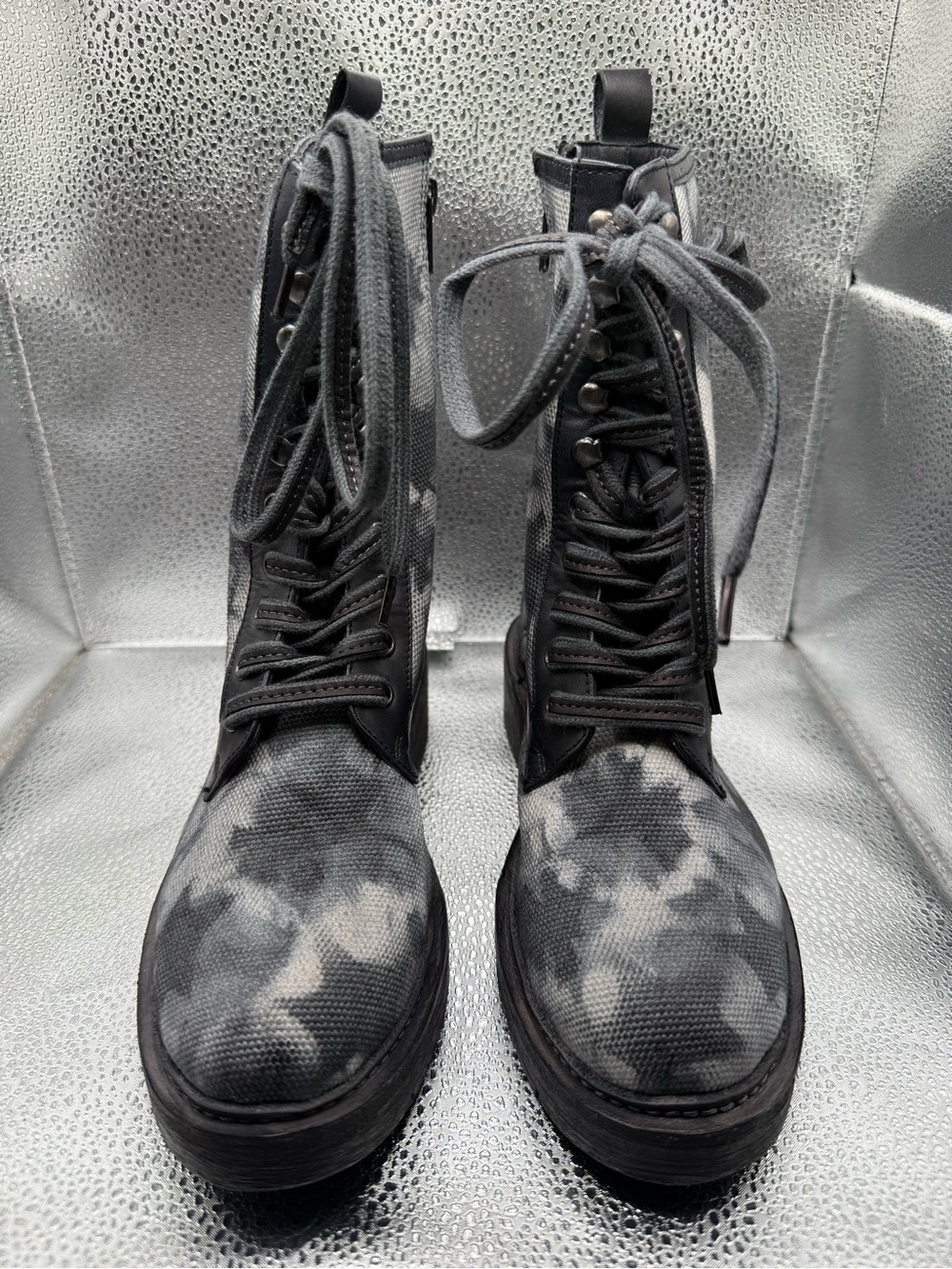 Gray Tie-Dye Lace-Up Women's Combat Boots